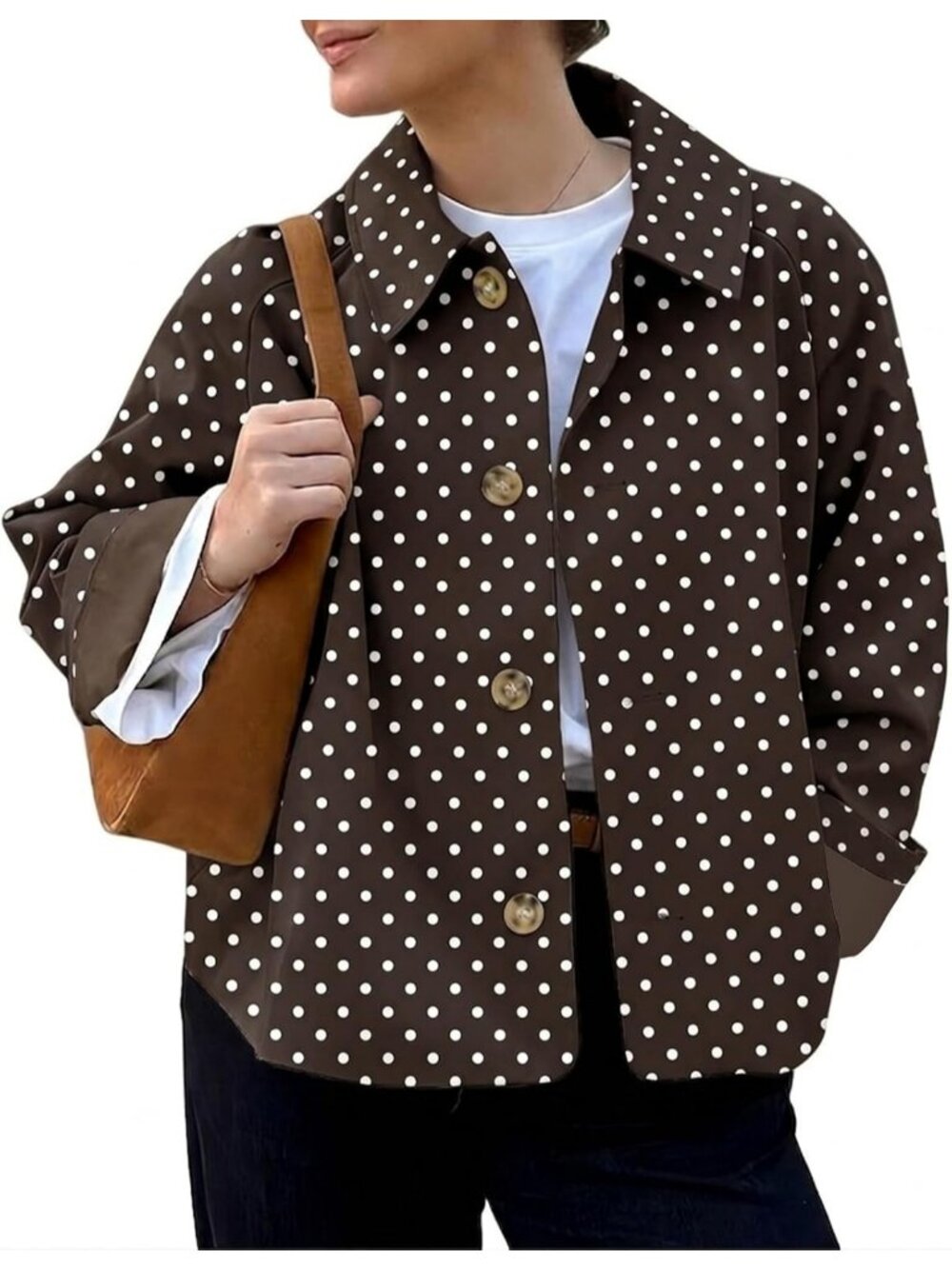 Women's Brown Polka Dots Cropped Single Breasted Button Front Fall Trench Coat